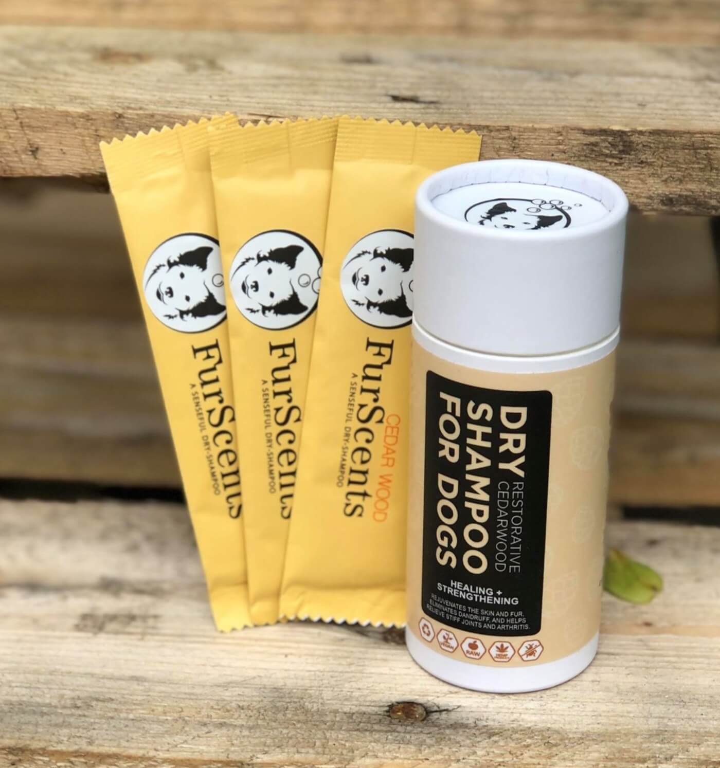 FurScents Cedarwood Sifter & To-Go packs on wood background