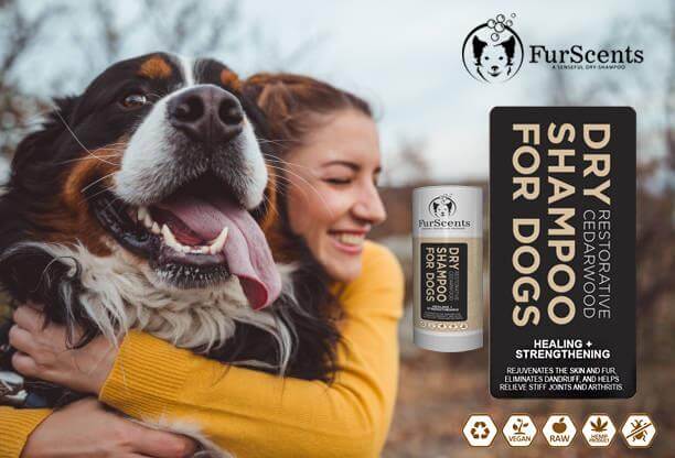 FurScents Restorative Cedarwood with Lady hugging large dog