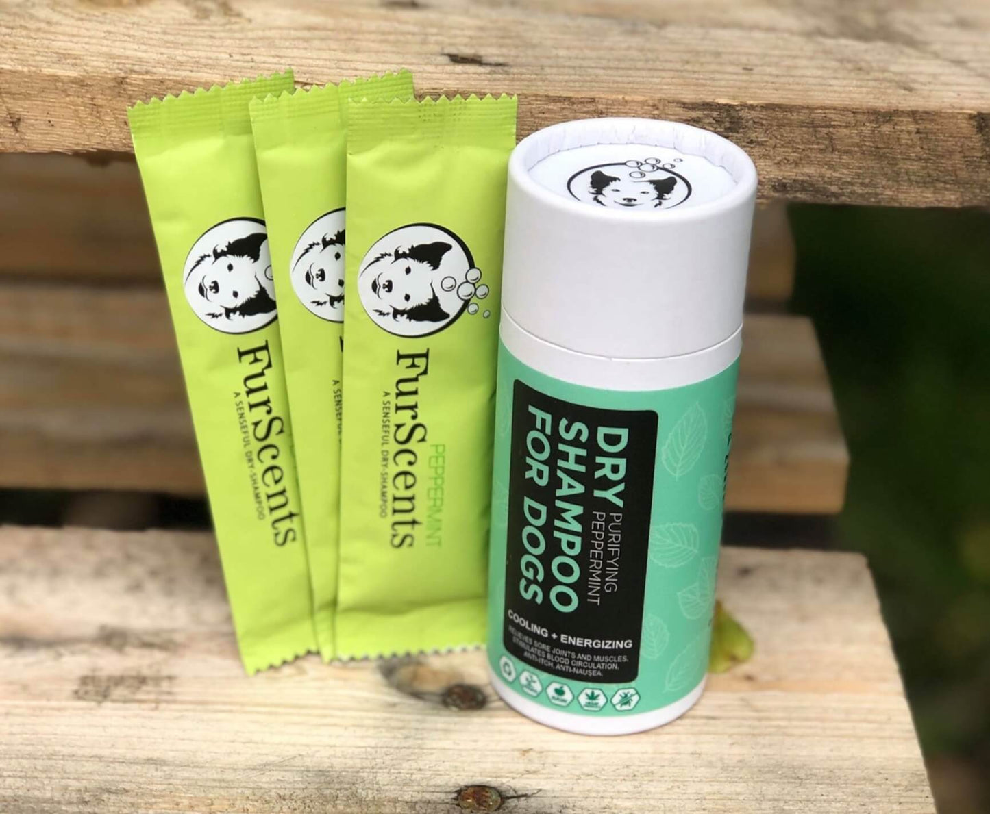 FurScents Purifying Peppermint Sifter and To-Go packs on wooden background