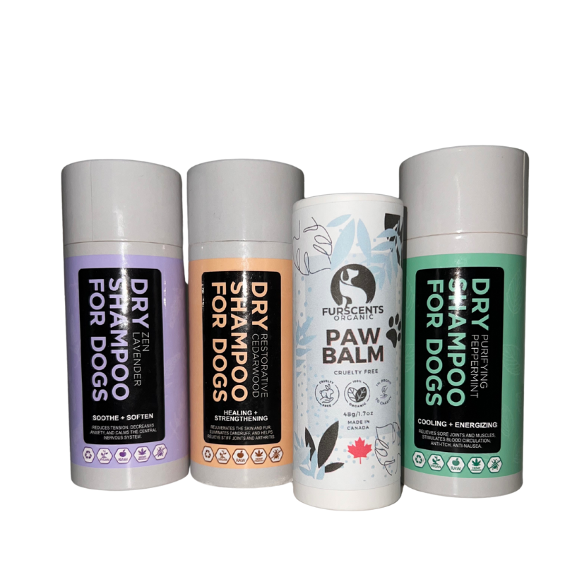 FurScents Summer Essentials Kit - 1 each of Zen Lavender, Restorative Cedarwood, Purifying Peppermint and Protective Paw Balm push up stick.