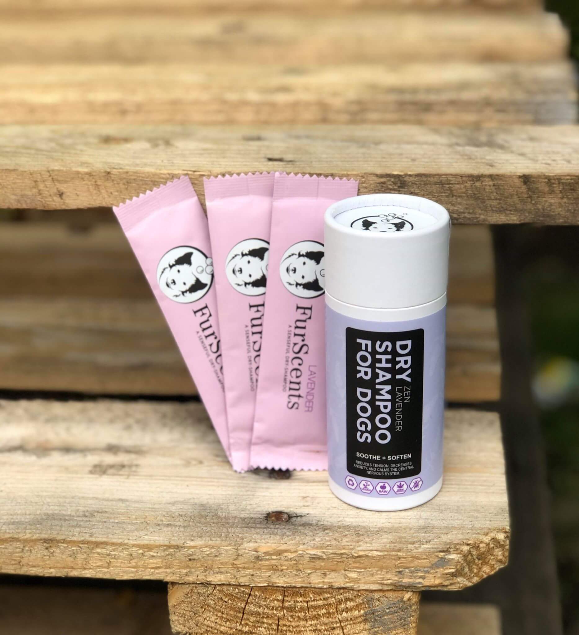 FurScents Zen Lavender To-Go pack and Sifter on Wooden stairs